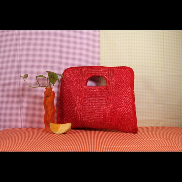 Vintage Red Woven Straw Handbag Square Clutch - Picture 5 of 5